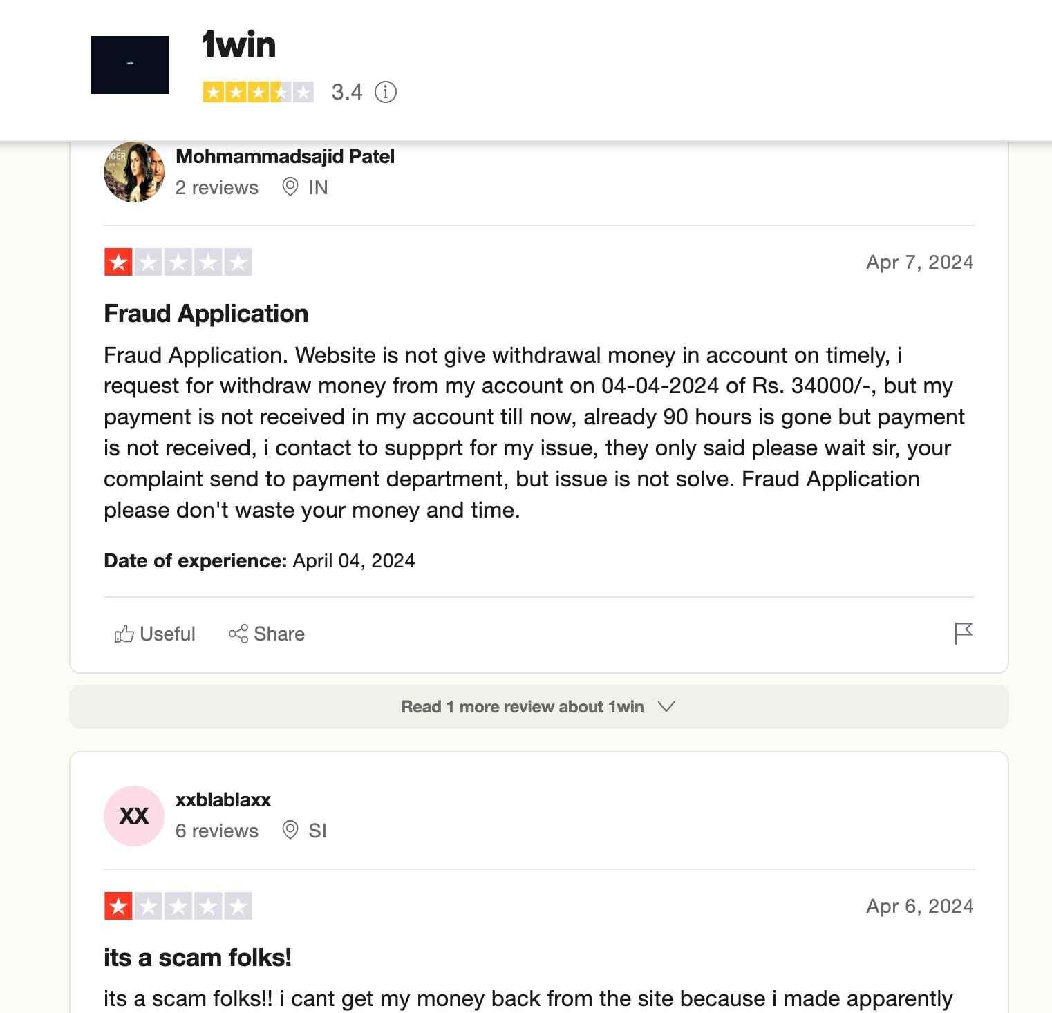 1win casino review trustpilot
