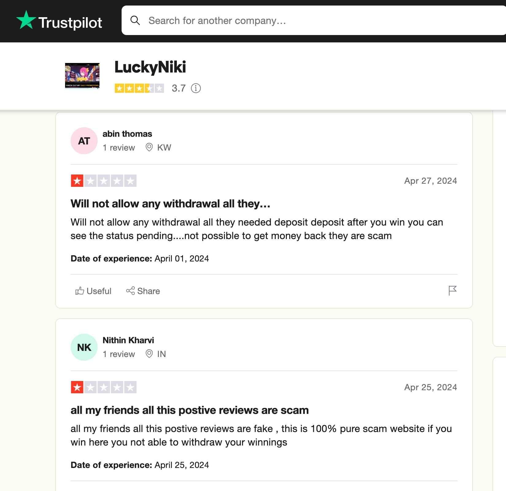 luckyniki reviews trustpilot
